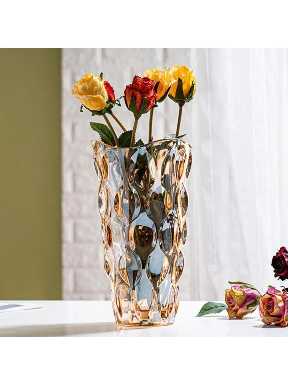 Elegant Amber Glass Vase for Centerpieces - 9.4in Tall, Unbreakable, Ideal for